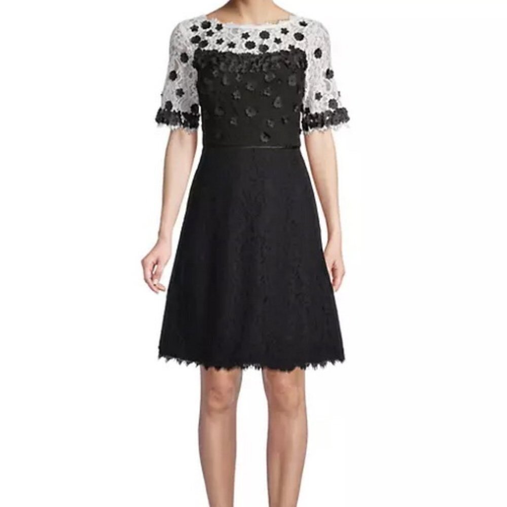Shani Black Ivory Floral Appliqué Lace Dress